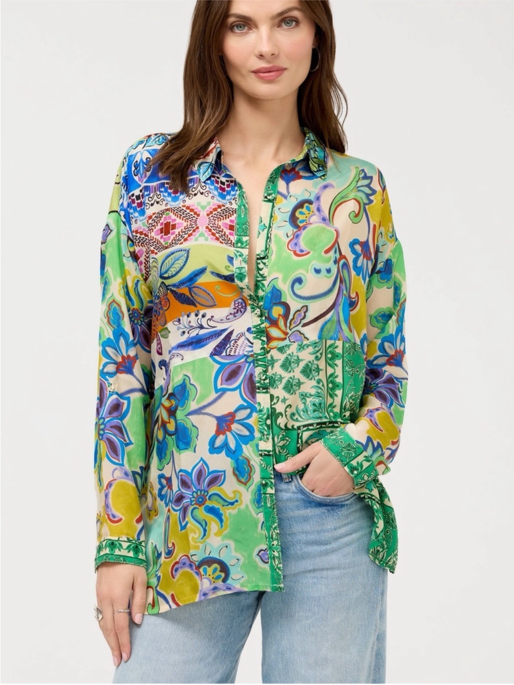 Johnny Was The Audrey 100% Silk Print Blouse Shirt Size Medium